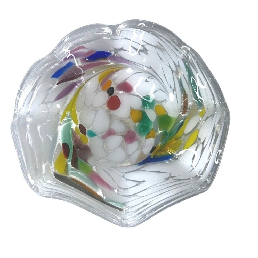 Murano Vintage Ruffle Bowl‎ Handmade Art Glass Multicolor Scalloped Edge Italy